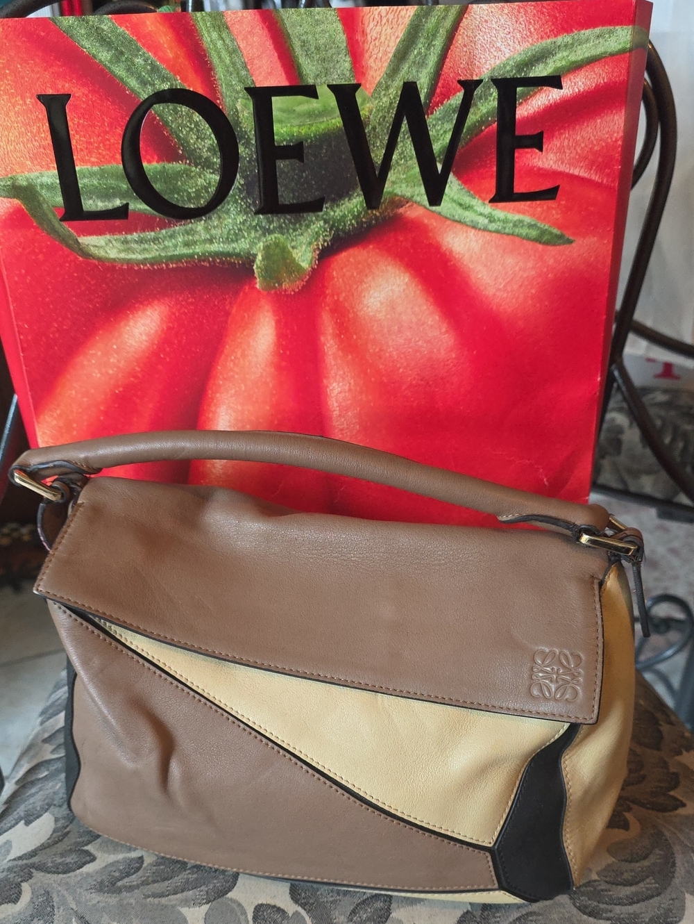 Loewe Brown, Puzzle Beige & Black Leather Shoulder Bag